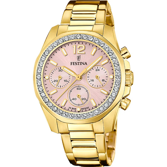 Orologio Festina Boyfriend Chrono Lady Strass 38 Mm Pvd Oro Braccialato