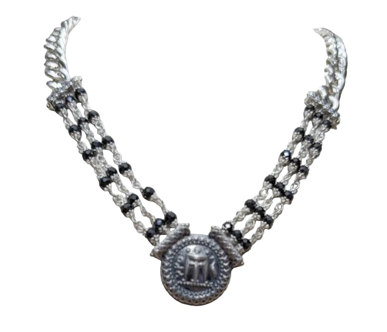 Collana Gerardo Sacco Mito-Monete Argento Maglia Grumetta Centrale 3 Fili Cristalli Neri Moneta Statere