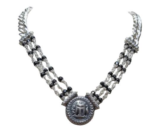 Collana Gerardo Sacco Mito-Monete Argento Maglia Grumetta Centrale 3 Fili Cristalli Neri Moneta Statere