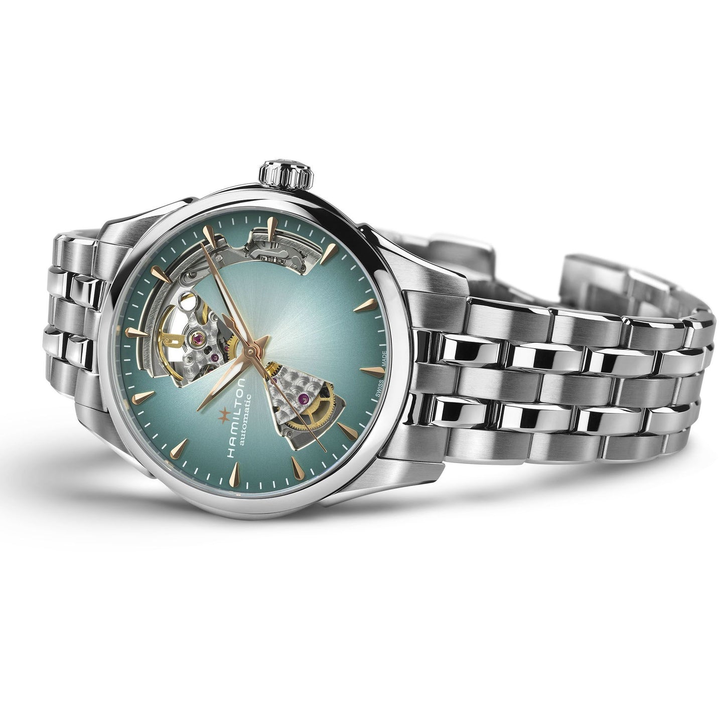 Orologio Hamilton Jazzmaster Lady Open Heart Auto 36 Mm Acciaio Braccialato Turchese Fumé