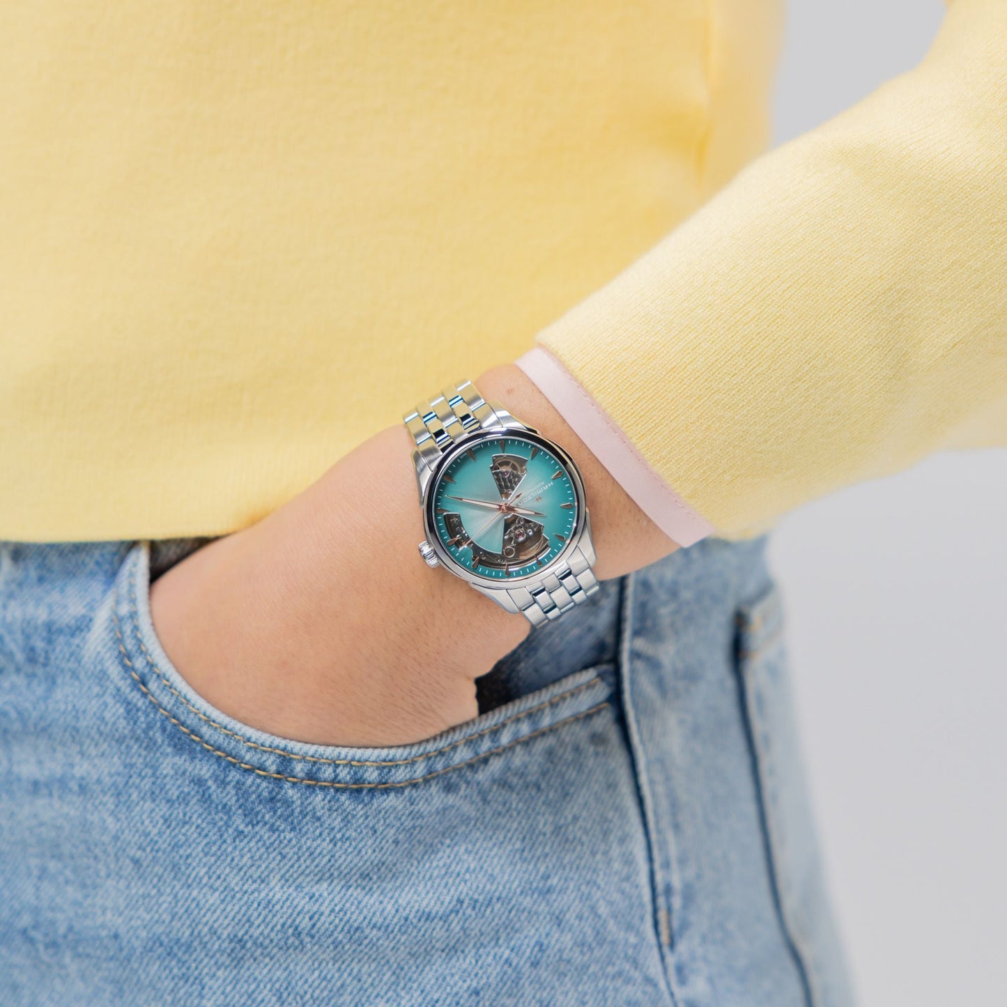 Orologio Hamilton Jazzmaster Lady Open Heart Auto 36 Mm Acciaio Braccialato Turchese Fumé