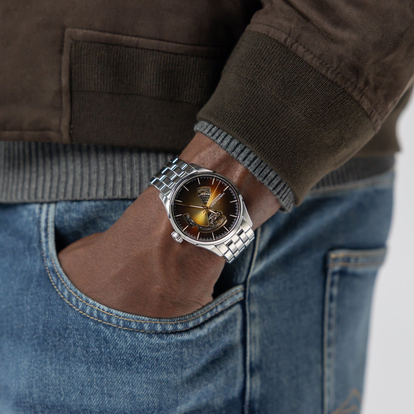 Orologio Hamilton Jazzmaster Open Heart Auto 40 Mm Acciaio Braccialato Grigio Sfumato Scheletrato