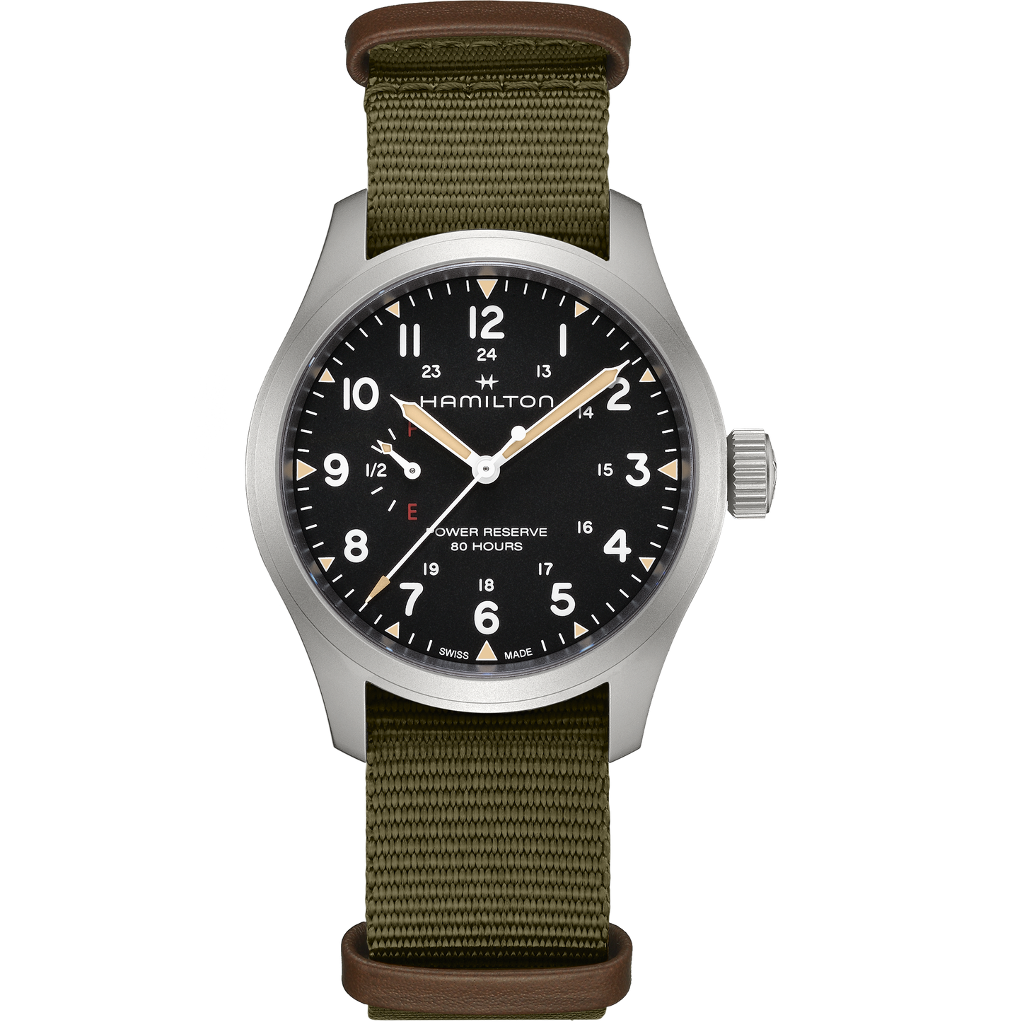 Orologio Hamilton Khaki Field Mechanical Power Reserve 40 Mm Acciaio Cinturino Canvas Verde
