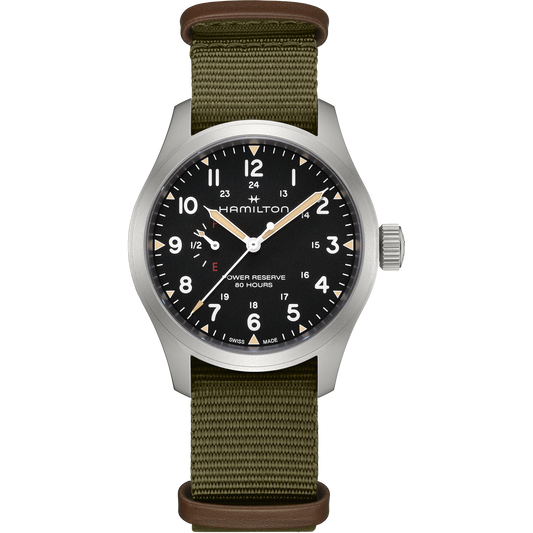 Orologio Hamilton Khaki Field Mechanical Power Reserve 40 Mm Acciaio Cinturino Canvas Verde