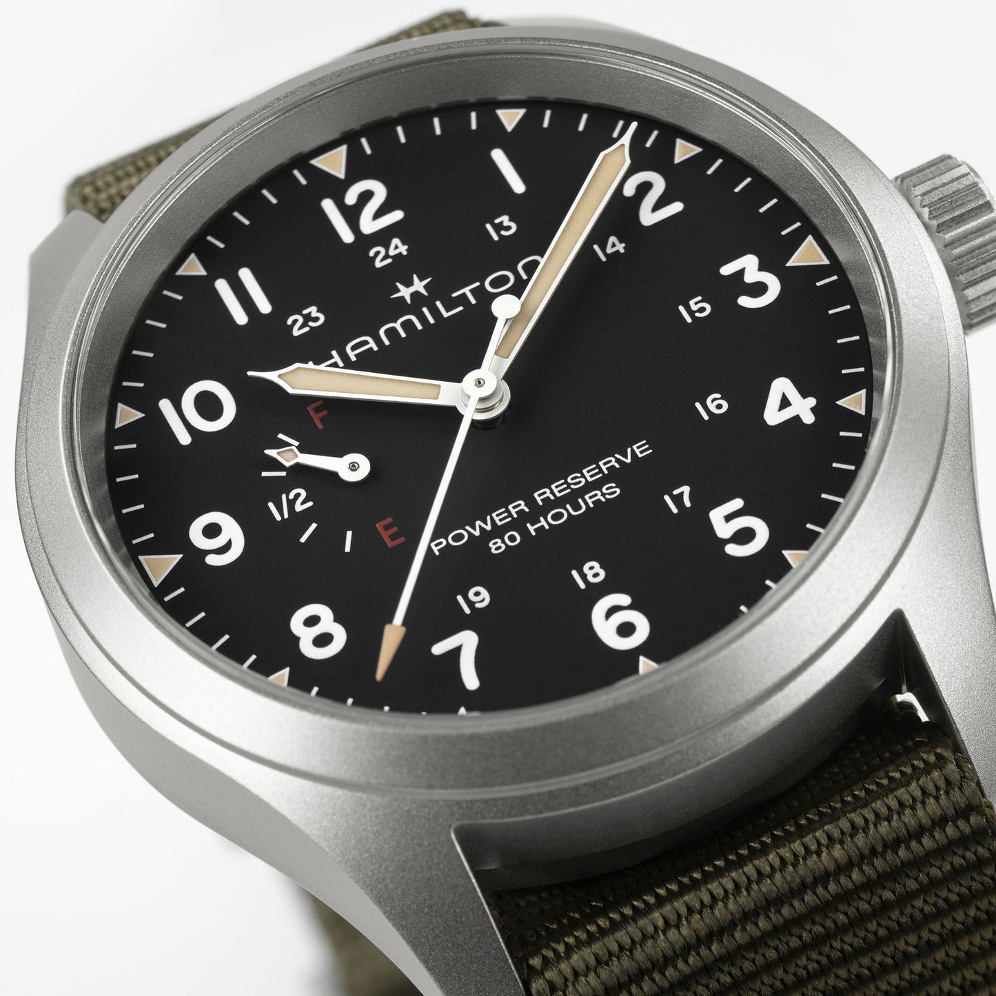 Orologio Hamilton Khaki Field Mechanical Power Reserve 40 Mm Acciaio Cinturino Canvas Verde