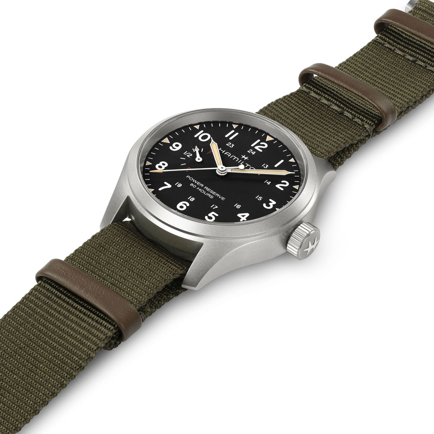 Orologio Hamilton Khaki Field Mechanical Power Reserve 40 Mm Acciaio Cinturino Canvas Verde
