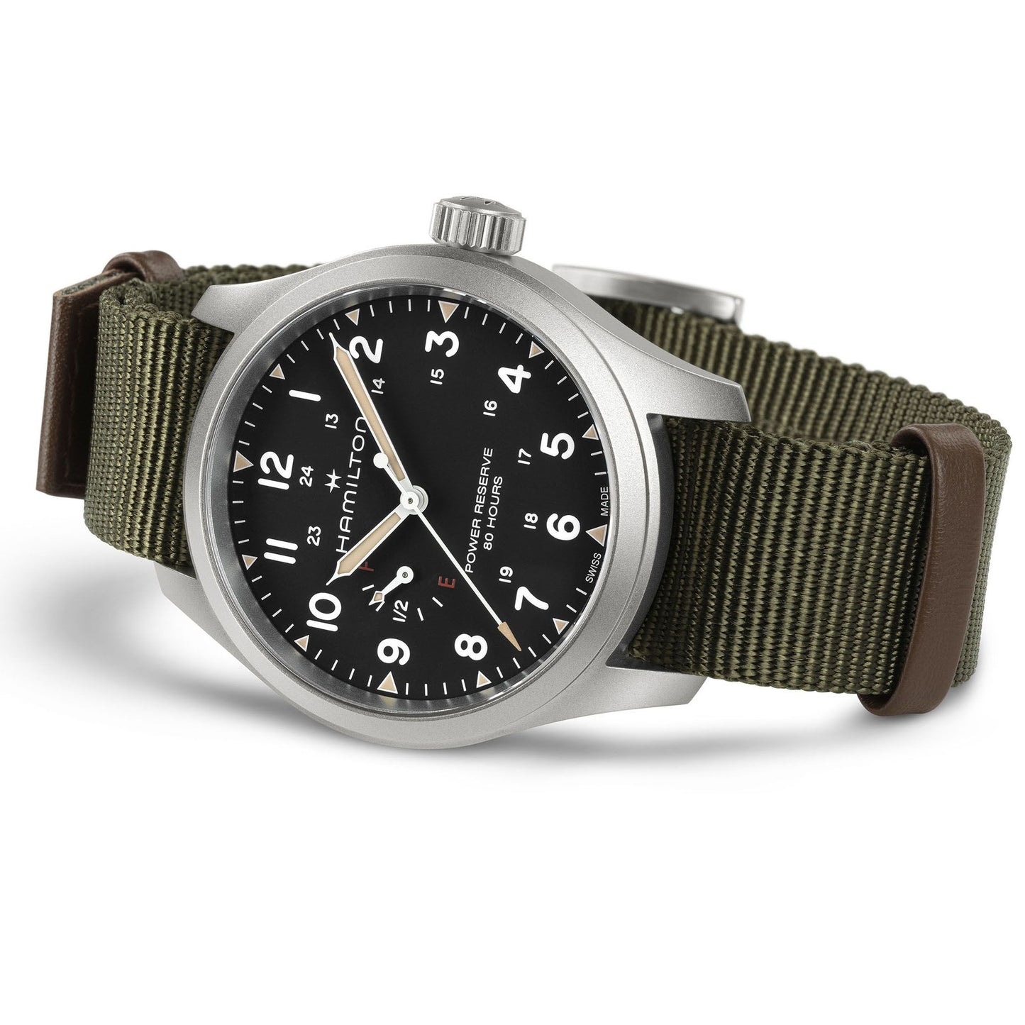 Orologio Hamilton Khaki Field Mechanical Power Reserve 40 Mm Acciaio Cinturino Canvas Verde