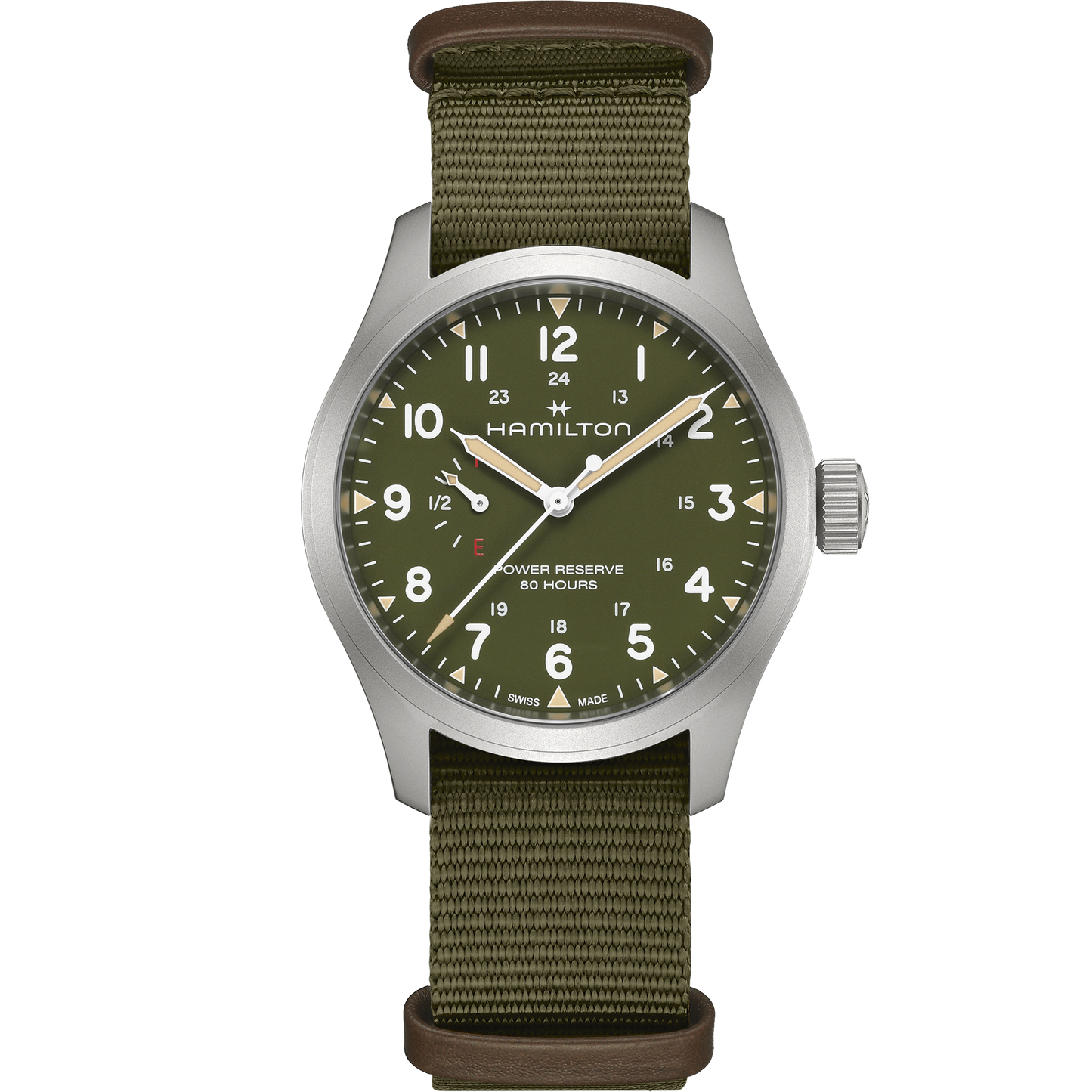 Orologio Hamilton Khaki Field Mechanical Power Reserve 40 Mm Acciaio Satinato Cinturino Canvas Verde/Marrone