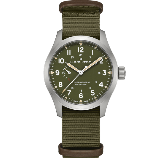 Orologio Hamilton Khaki Field Mechanical Power Reserve 40 Mm Acciaio Satinato Cinturino Canvas Verde/Marrone