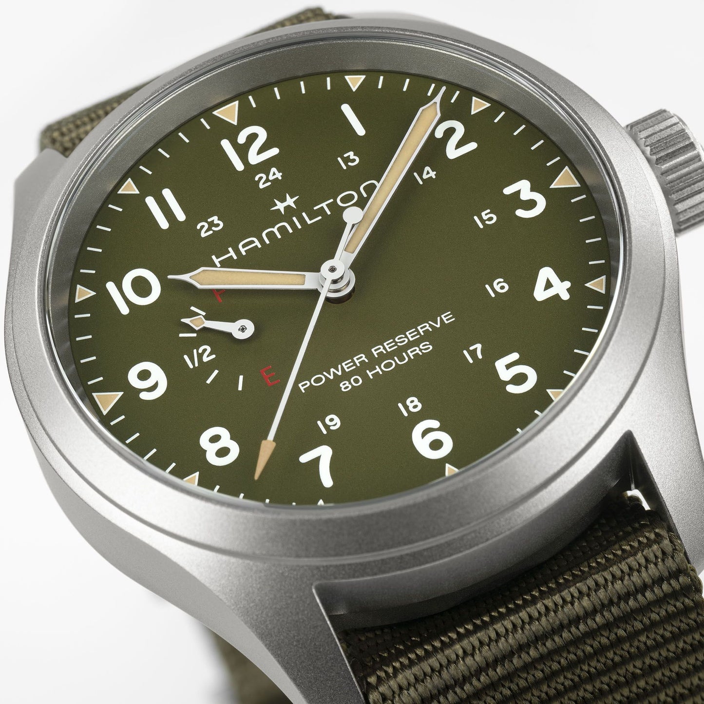 Orologio Hamilton Khaki Field Mechanical Power Reserve 40 Mm Acciaio Satinato Cinturino Canvas Verde/Marrone