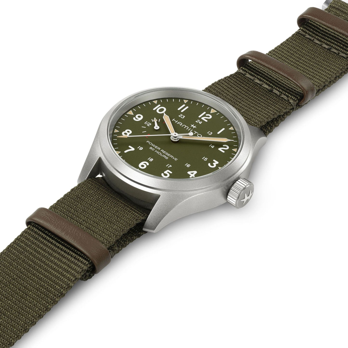 Orologio Hamilton Khaki Field Mechanical Power Reserve 40 Mm Acciaio Satinato Cinturino Canvas Verde/Marrone