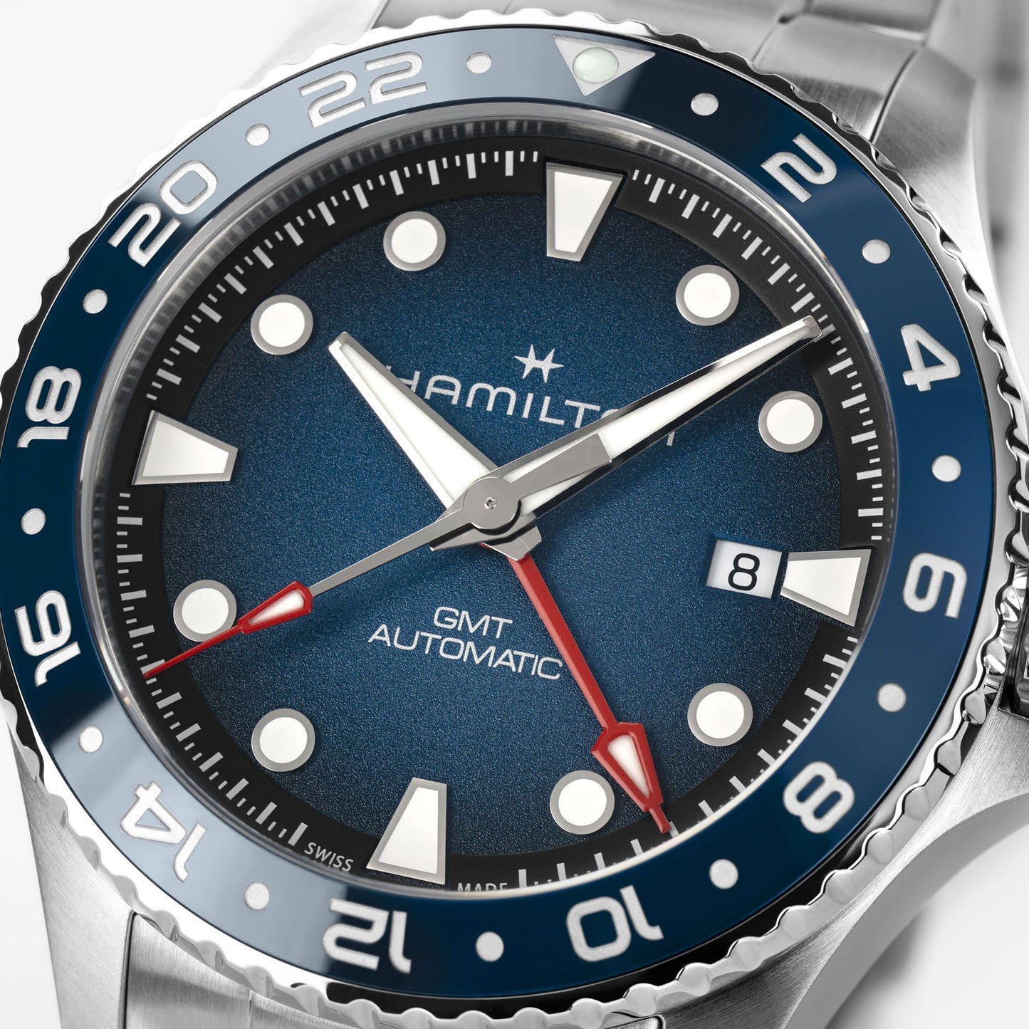 Orologio Hamilton Khaki Navy Scuba Auto Gmt 43 Mm Acciaio Braccialato Blu