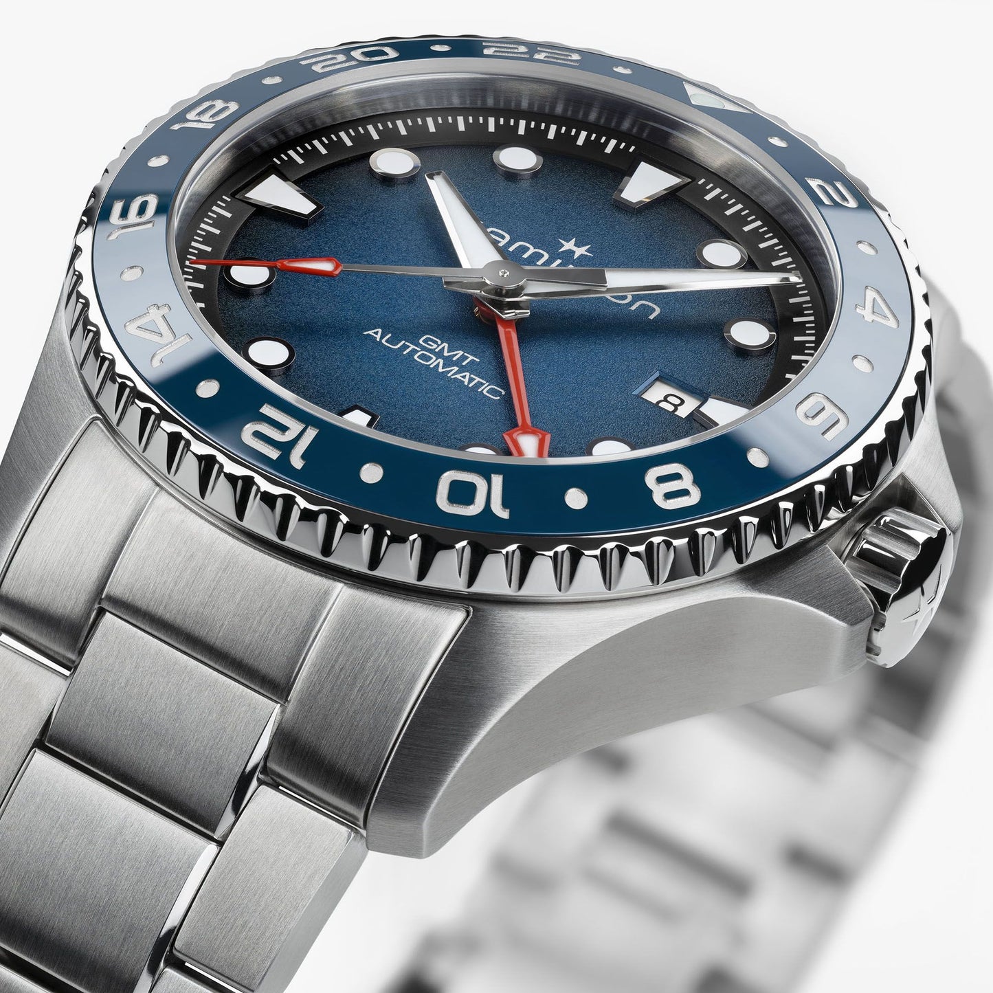 Orologio Hamilton Khaki Navy Scuba Auto Gmt 43 Mm Acciaio Braccialato Blu