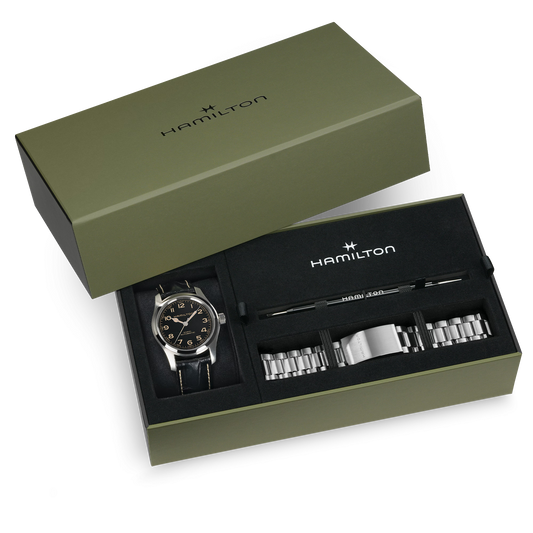 Confezione Speciale Orologio Hamilton Khaki Field Murph 42 Mm Doppio Cinturino Pelle/Acciaio + Utensile Togli Anse