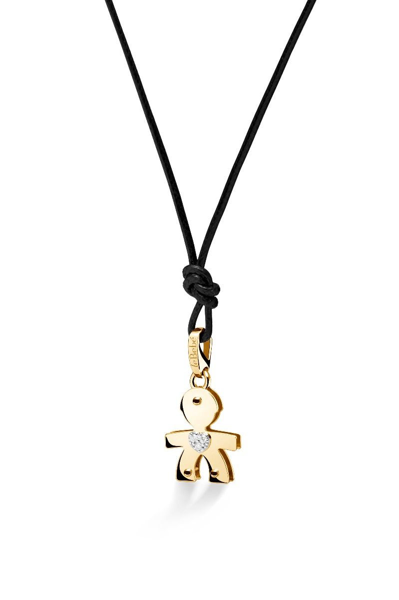 Ciondolo Lebebé I Classici Bimbo Oro Giallo 9 Kt Cuore Pavè Diamanti e Cordino Nero