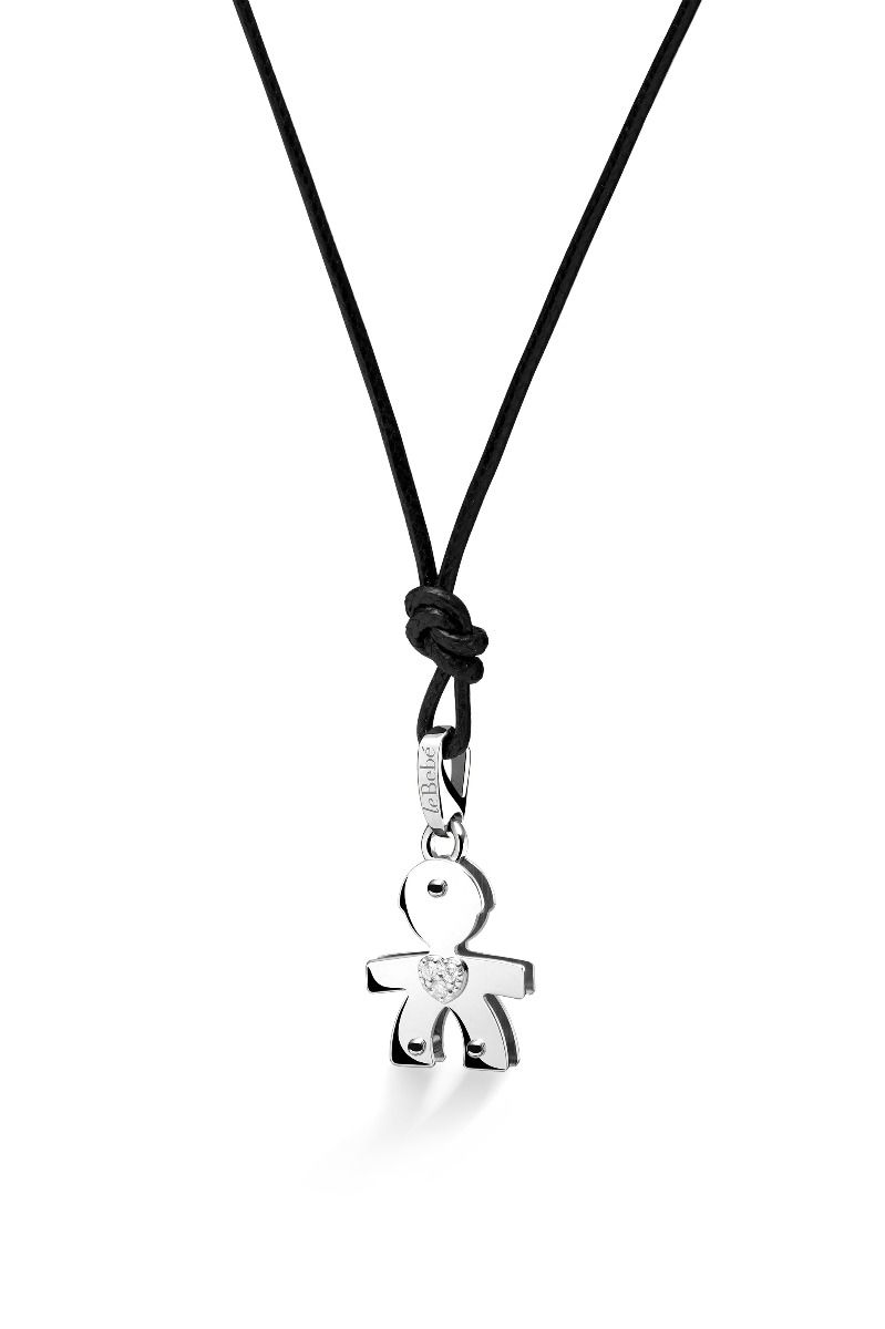 Ciondolo Lebebé I Classici Pendente Bimbo Oro Bianco 9 Kt Cuore Pavè Diamanti Cordino Nero