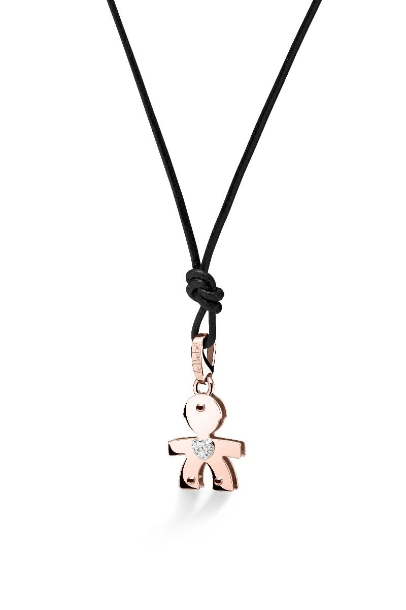 Ciondolo Lebebé I Classici Bimbo Oro Rosa 9 Kt Cuore Pavè Di Diamanti e Cordino Nero