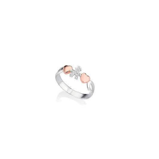 Anello Lebebé I Preziosi Girocuore Oro Bianco 18 Kt 2 Cuori Rosa e Sagoma Bimbo Pavè Diamanti
