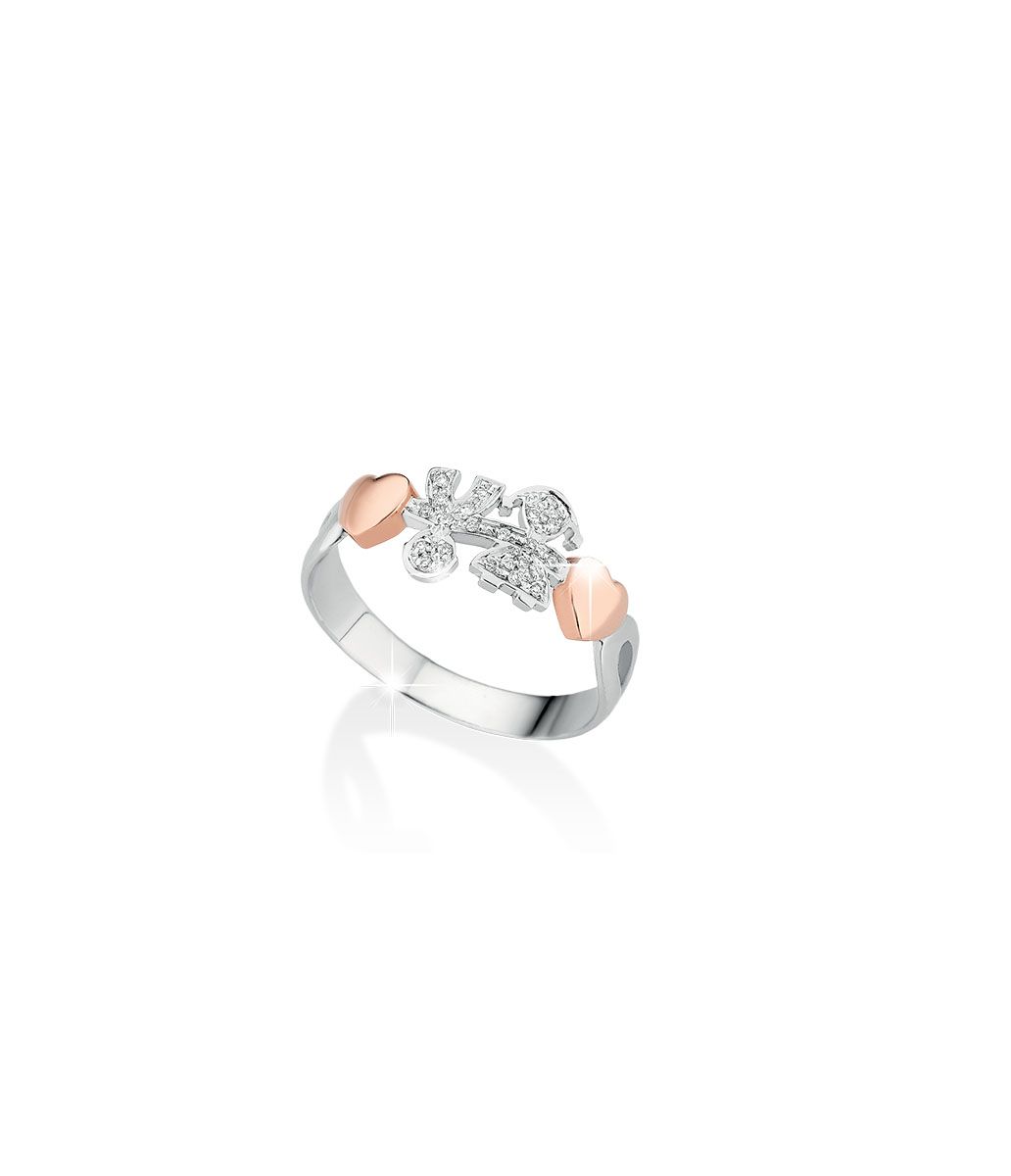 Anello Lebebé Girocuore Oro Bianco 18 Kt Due Cuori Rosa Bimba Bimbo Pavè Diamanti