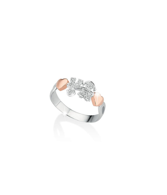 Anello Lebebé Girocuore Oro Bianco 18 Kt Due Cuori Rosa Bimba Bimbo Pavè Diamanti