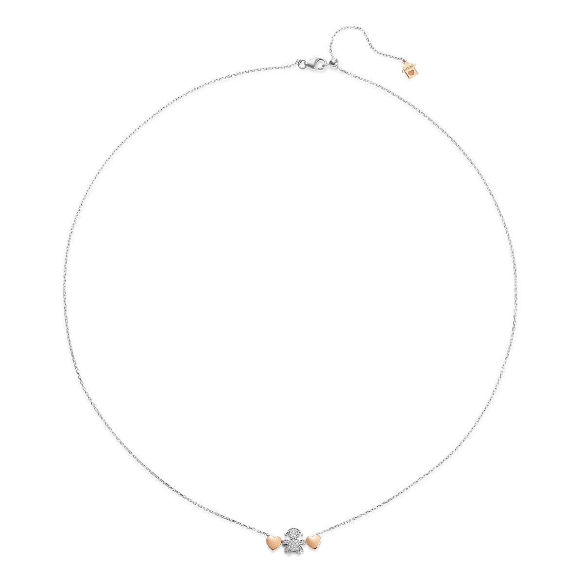 Collana Lebebé Le Icone I Preziosi Oro Bianco e Rosa 18 Kt Centrale Sagoma Bimba con Diamanti e Cuori