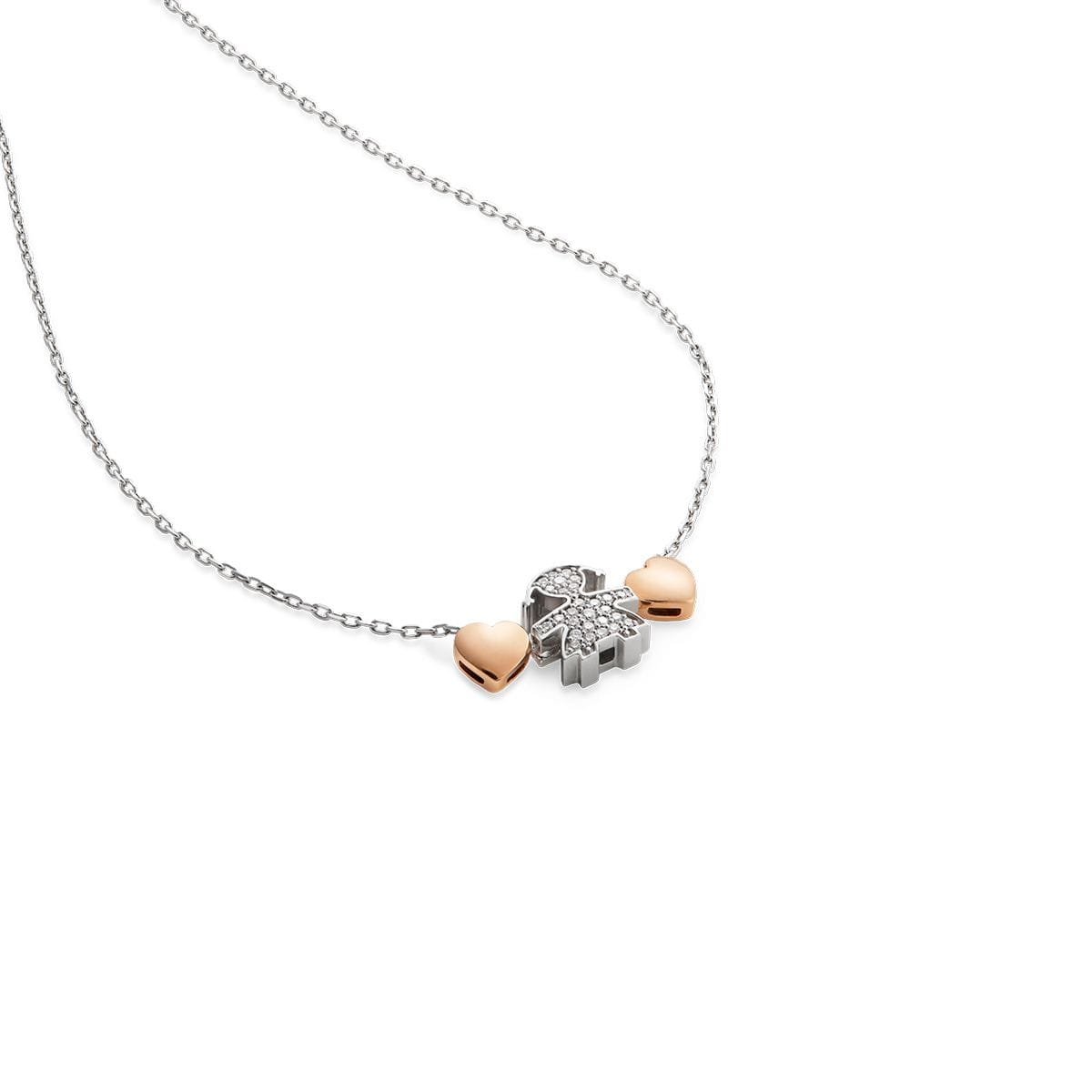 Collana Lebebé Le Icone I Preziosi Oro Bianco e Rosa 18 Kt Centrale Sagoma Bimba con Diamanti e Cuori