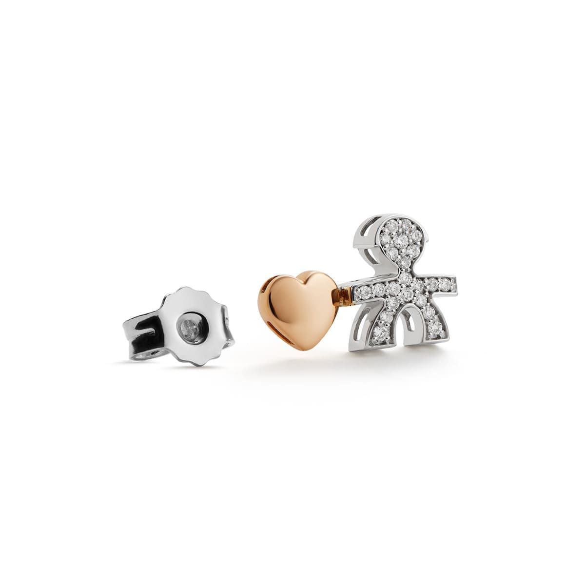 Monorecchino Lebebé Le Icone I Preziosi Oro Bianco 18 Kt Bimbo Pavè Di Diamanti + Cuore Rosa