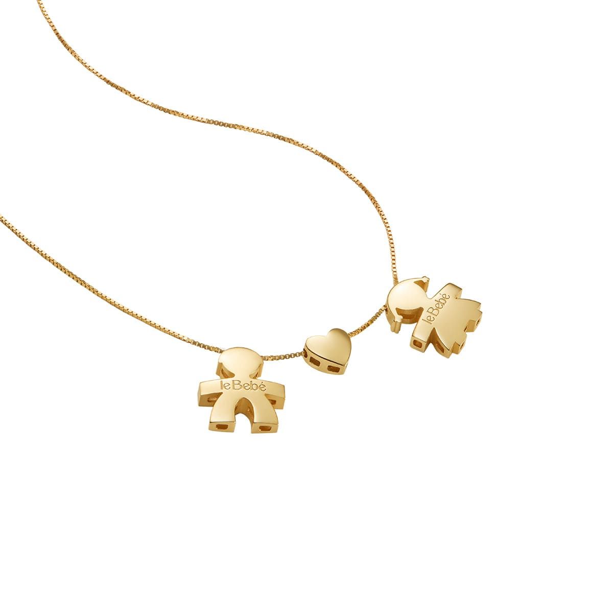 Collana Lebebé I Tesorini Oro Giallo 18 Kt Pendenti Sagome Bimbo+Bimba e Cuore Centrale