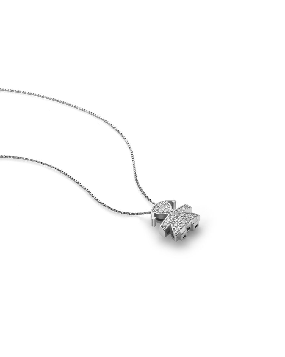 Collana Lebebé I Tesorini Oro Bianco 18 Kt Pendente Sagoma Bimba Pavè Diamanti