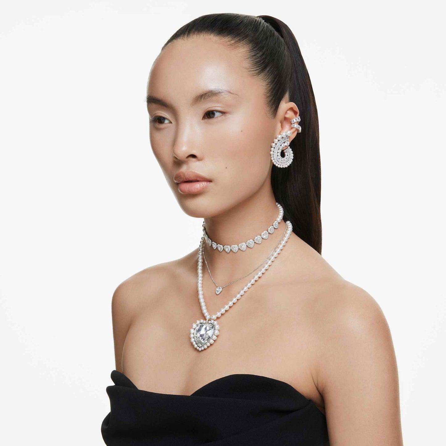 Orecchini a cerchio Swarovski Ariana Grande x Swarovski Crystal Pearl, taglio Baguette, Bianchi, Placcato rodio