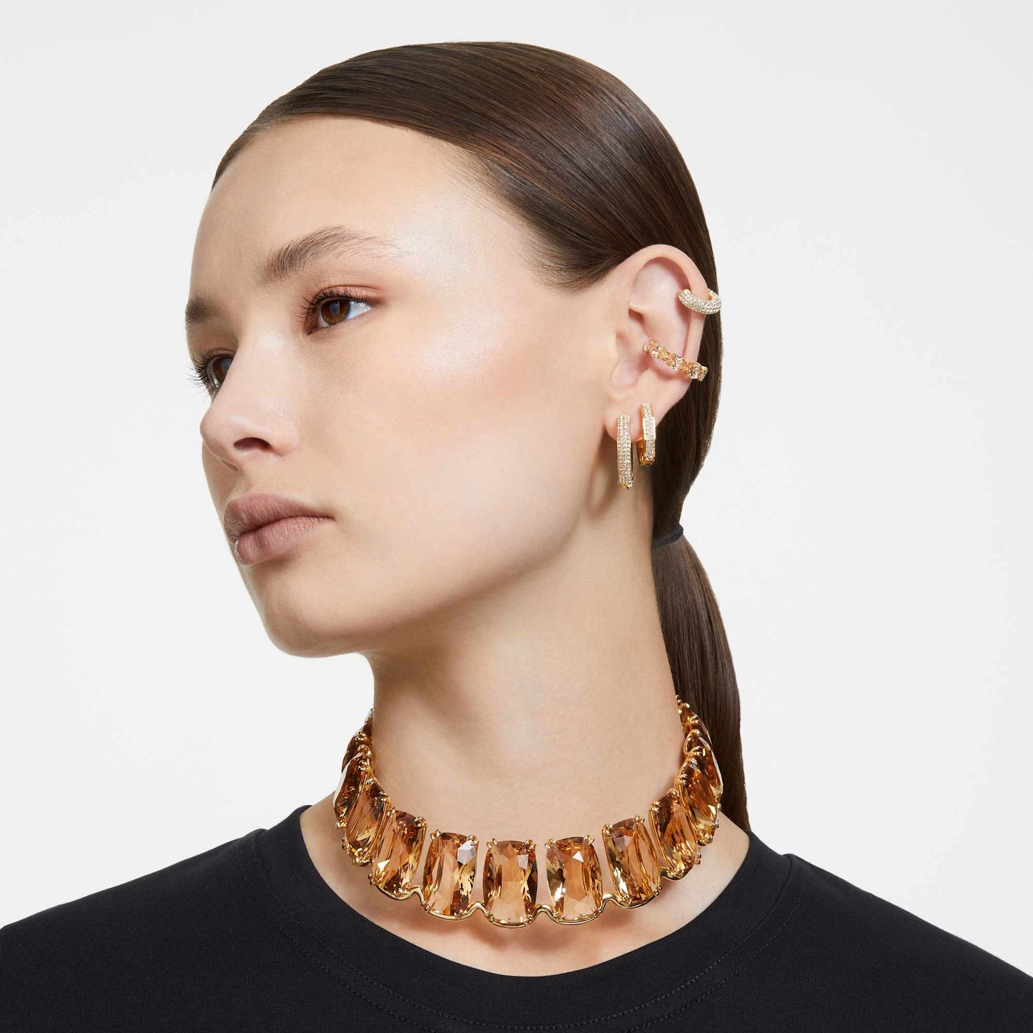 Orecchini a cerchio Swarovski Dextera Forma ottagonale, Piccoli, Bianchi, Placcato color oro