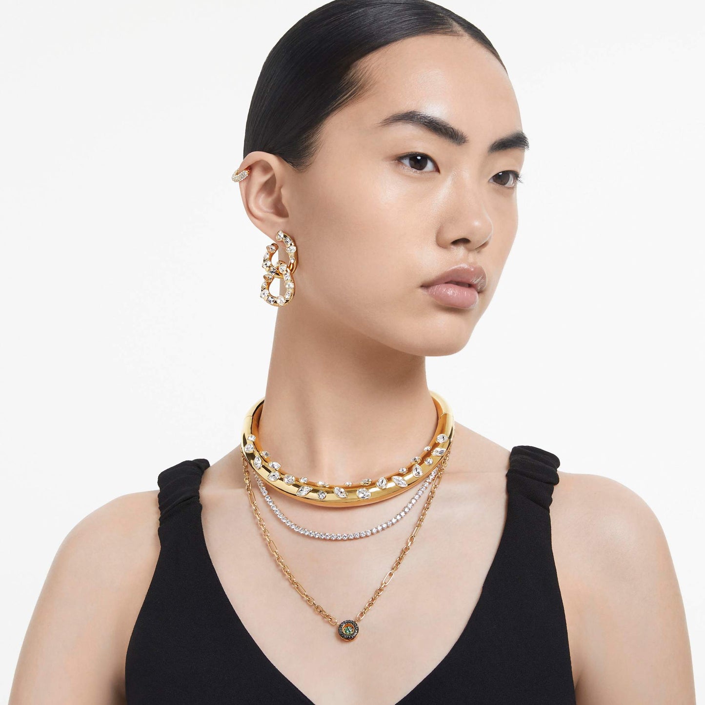 Orecchini a cerchio Swarovski Dextera Piccoli, Bianchi, Placcato color oro