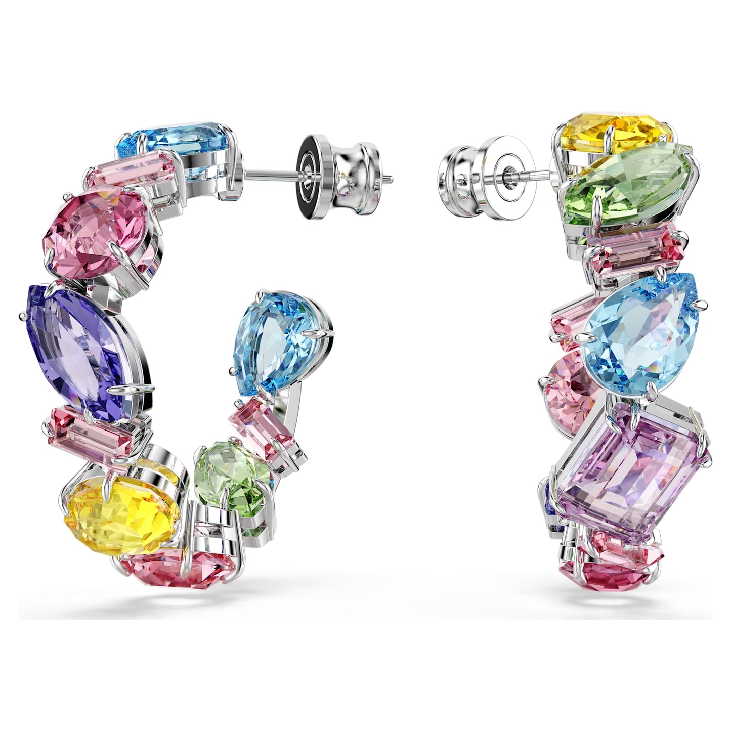Orecchini a cerchio Swarovski Gema Design asimmetrico, Taglio misto, Piccoli, Multicolore, Placcato rodio
