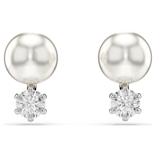 Orecchini a lobo Swarovski Matrix Crystal Pearl, Taglio Round, Bianchi, Placcato rodio