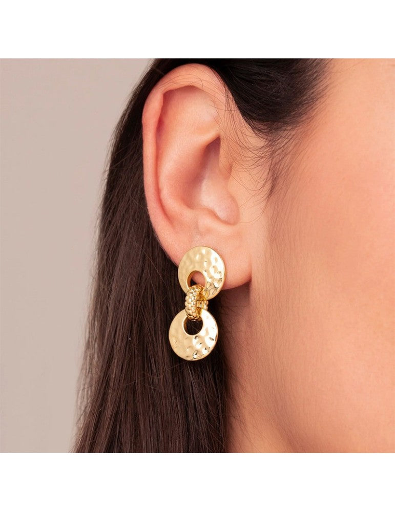 Orecchini Pendenti Etrusca Doppio Disco Finitura Martellata e Pallinata Lega Golden Placcata Oro 18 kt