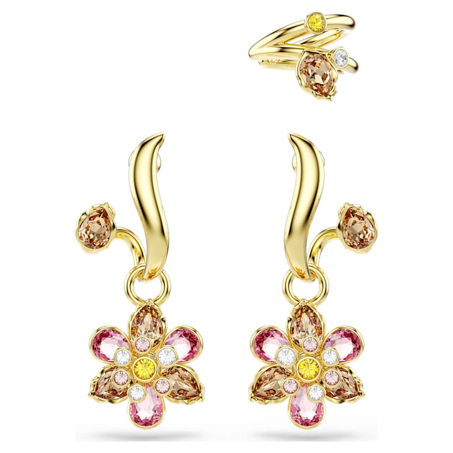 Set 3 Orecchini Swarovski Idyllia, Taglio misto, Fiore, Multicolore, Placcato color oro