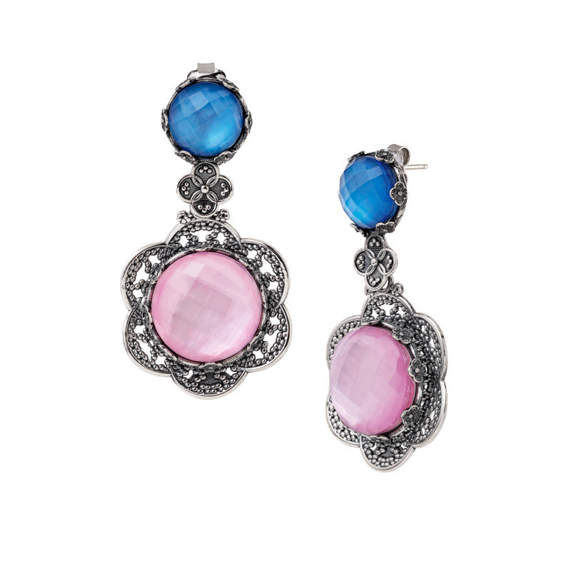 Orecchini Pendenti Gerardo Sacco Ninfea Aperta Argento Pietre Blu Rosa