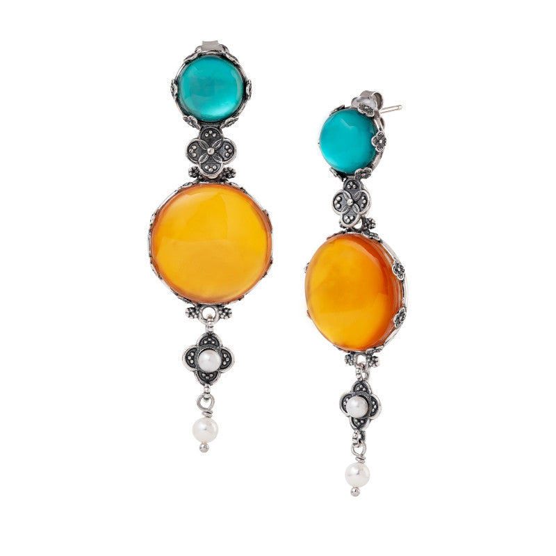 Orecchini Pendenti Gerardo Sacco Ninfea Chiusa Argento Pietre Ambra Verde