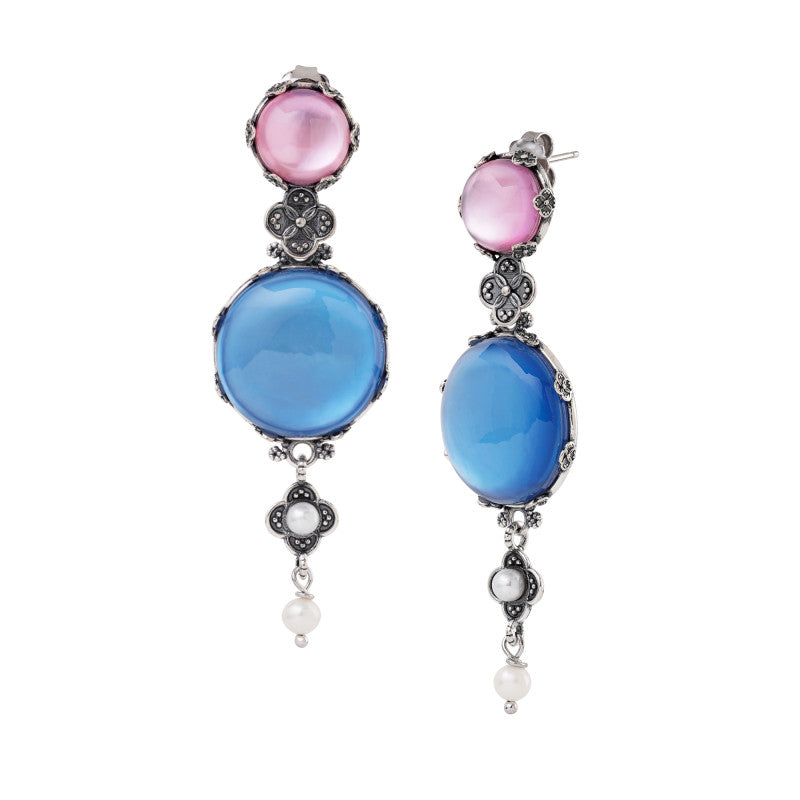 Orecchini Pendenti Gerardo Sacco Ninfea Chiusa Argento Pietre Rosa Blu