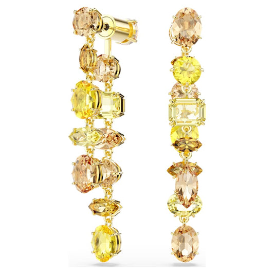 Orecchini Swarovski Gema Design asimmetrico, Taglio misto, Lunghi, Gialli, Placcato color oro