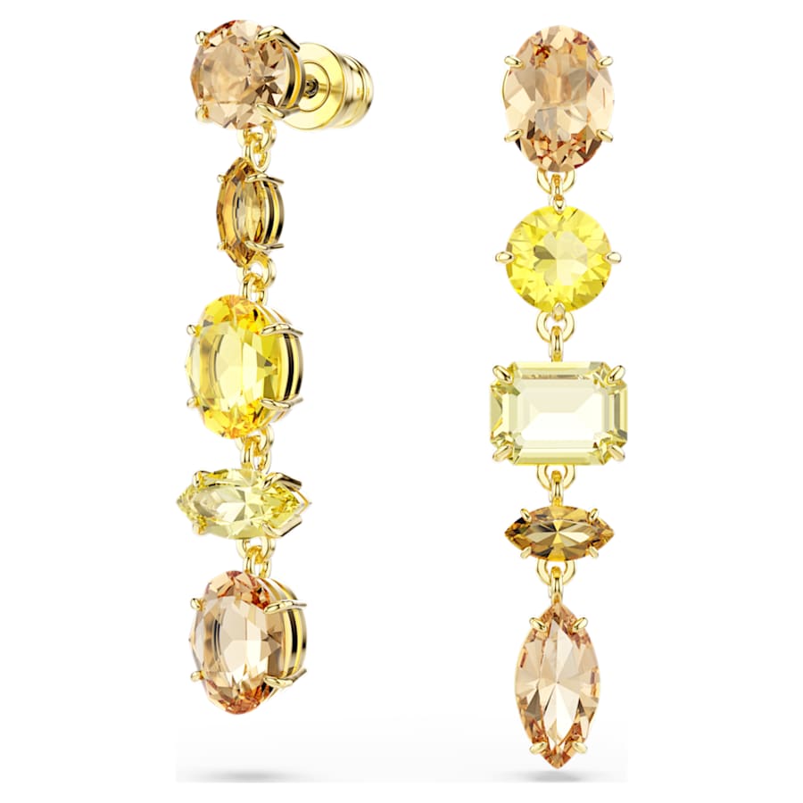 Orecchini Swarovski Gema Design asimmetrico, Taglio misto, Lunghi, Gialli, Placcato color oro