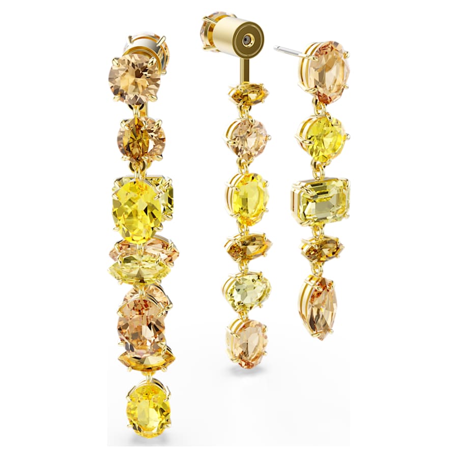 Orecchini Swarovski Gema Design asimmetrico, Taglio misto, Lunghi, Gialli, Placcato color oro