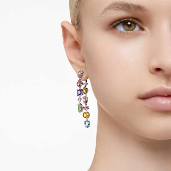 Orecchini Pendenti Swarovski Re Gema Design asimmetrico, Taglio misto, Lunghi, Multicolore, Placcato rodio