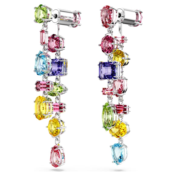 Orecchini Pendenti Swarovski Re Gema Design asimmetrico, Taglio misto, Lunghi, Multicolore, Placcato rodio
