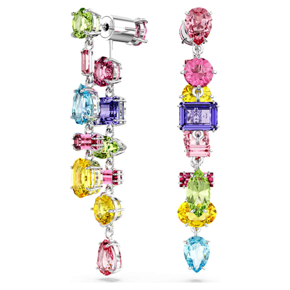 Orecchini Pendenti Swarovski Re Gema Design asimmetrico, Taglio misto, Lunghi, Multicolore, Placcato rodio