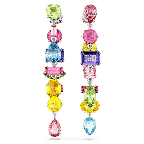 Orecchini Pendenti Swarovski Re Gema Design asimmetrico, Taglio misto, Lunghi, Multicolore, Placcato rodio