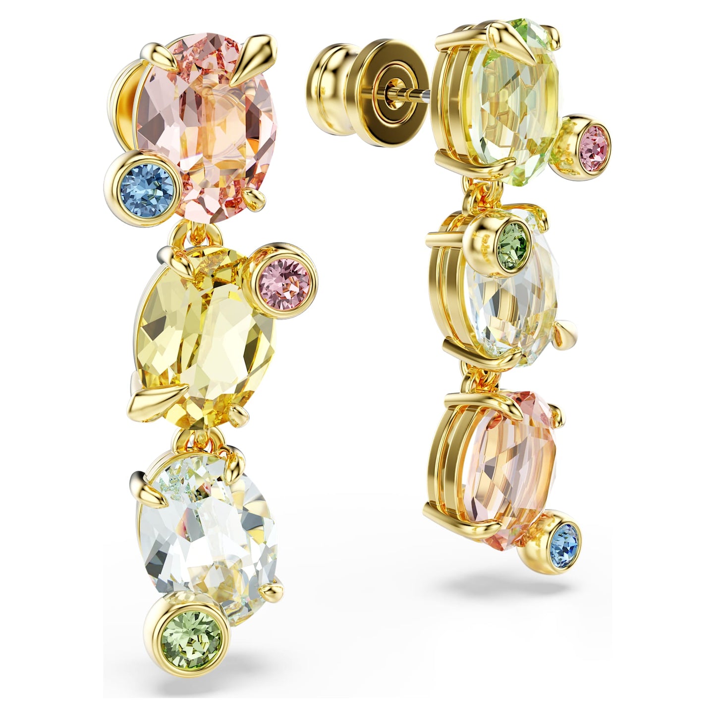 Orecchini pendenti Swarovski Gema Design asimmetrico, Taglio misto, Multicolore, Placcato color oro