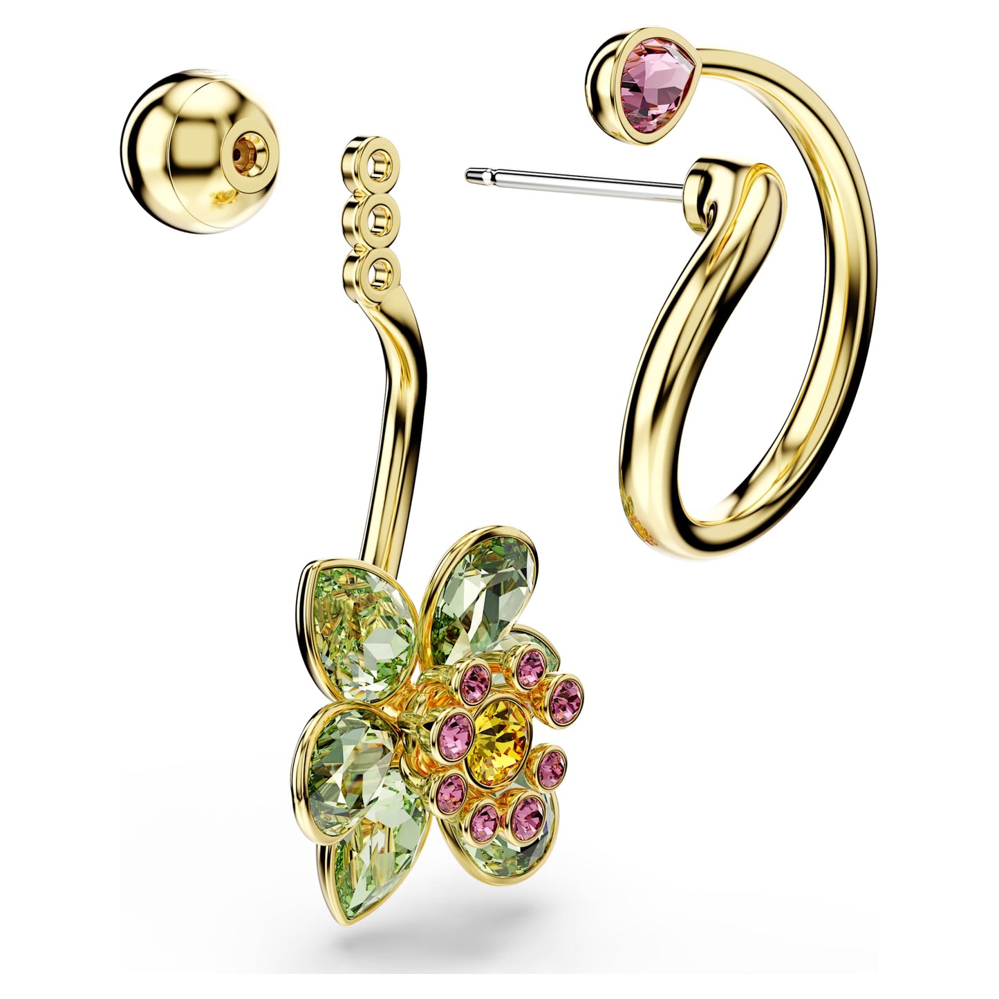 Orecchini Pendenti Swarovski Idyllia Design asimmetrico, Taglio misto, Fiore, Multicolore, Placcato color oro