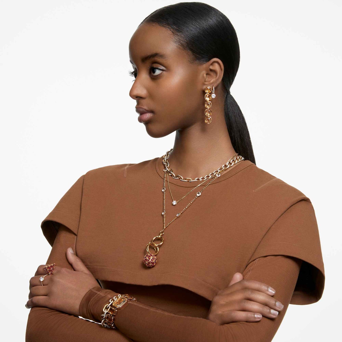 Orecchini pendenti Swarovski Stilla Taglio Round, Bianchi, Placcato color oro