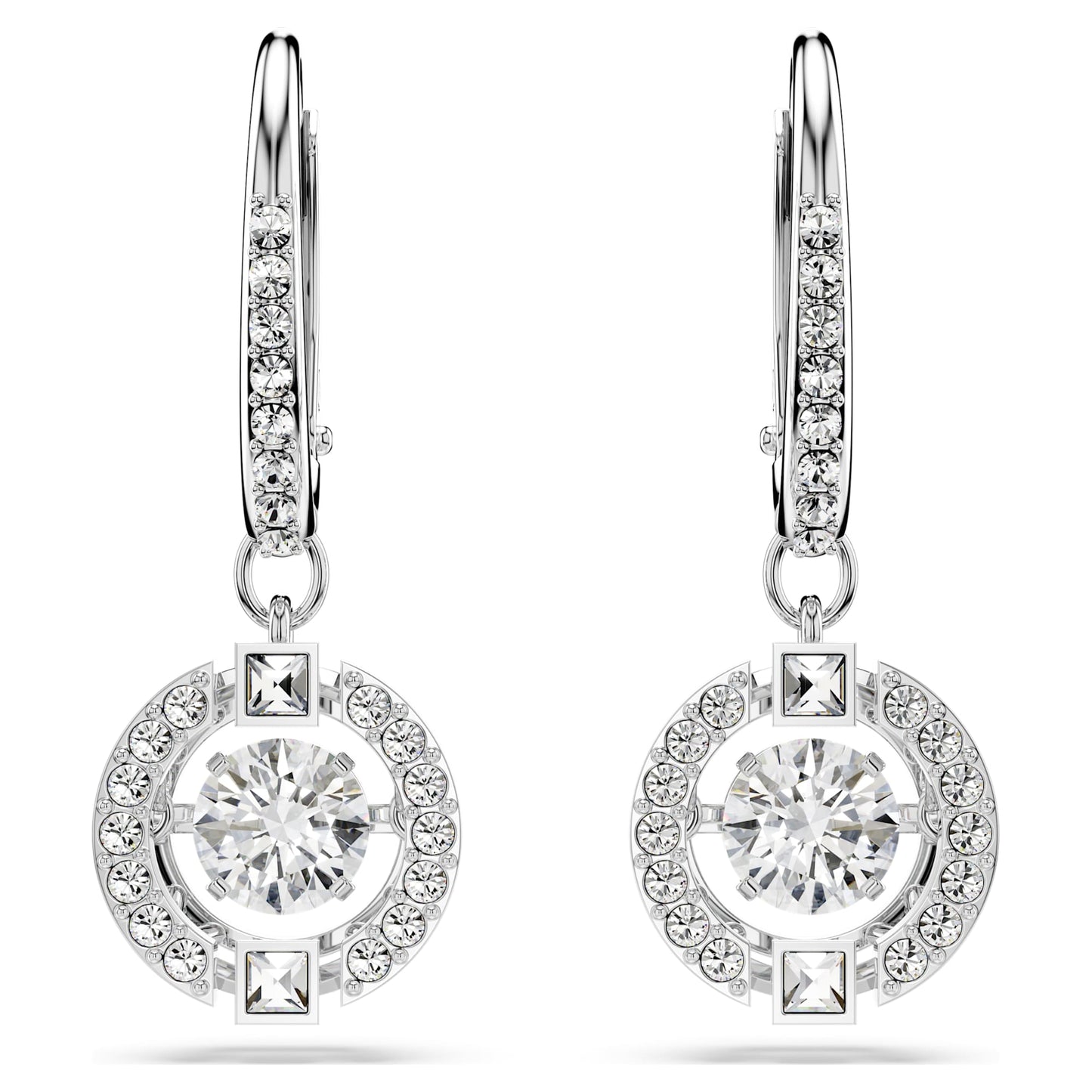 Orecchini Pendenti Swarovski Una Taglio Round, Bianchi, Placcato rodio